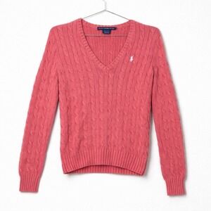 Polo Ralph Lauren  Sweater Womens medium Pink Cable Knit V Neck White Pony